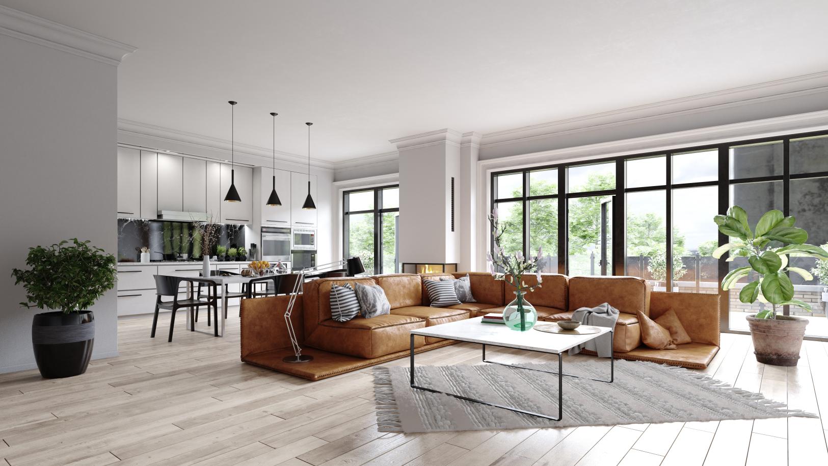 A beautiful living room and kitchen of a house.