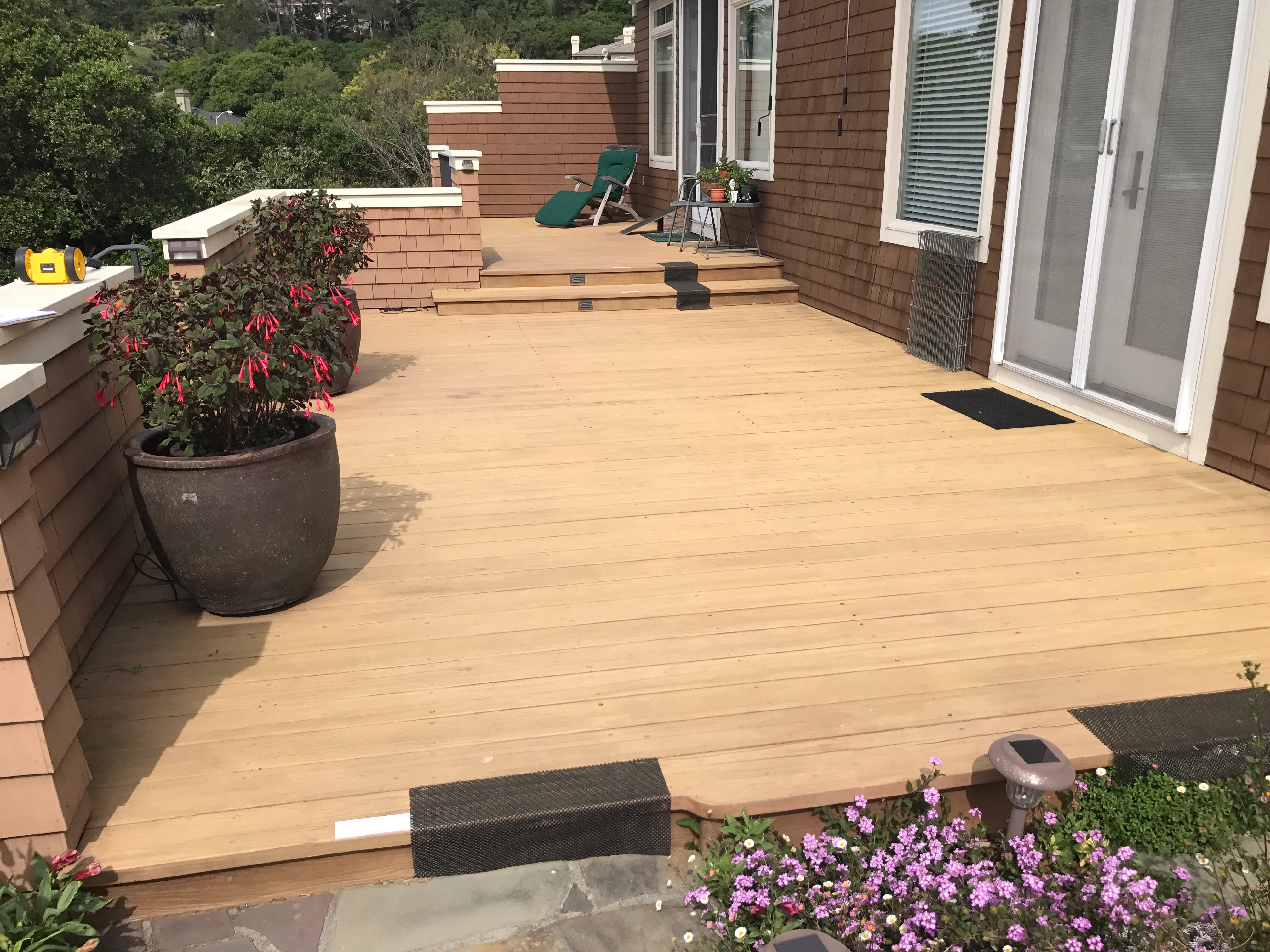 A multi-level backyard deck.