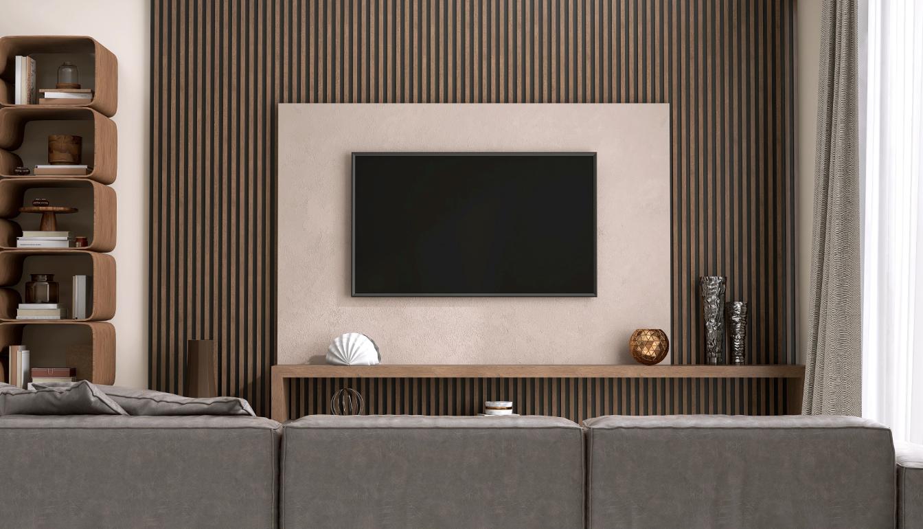A TV hung up in a living room using a wall mount.